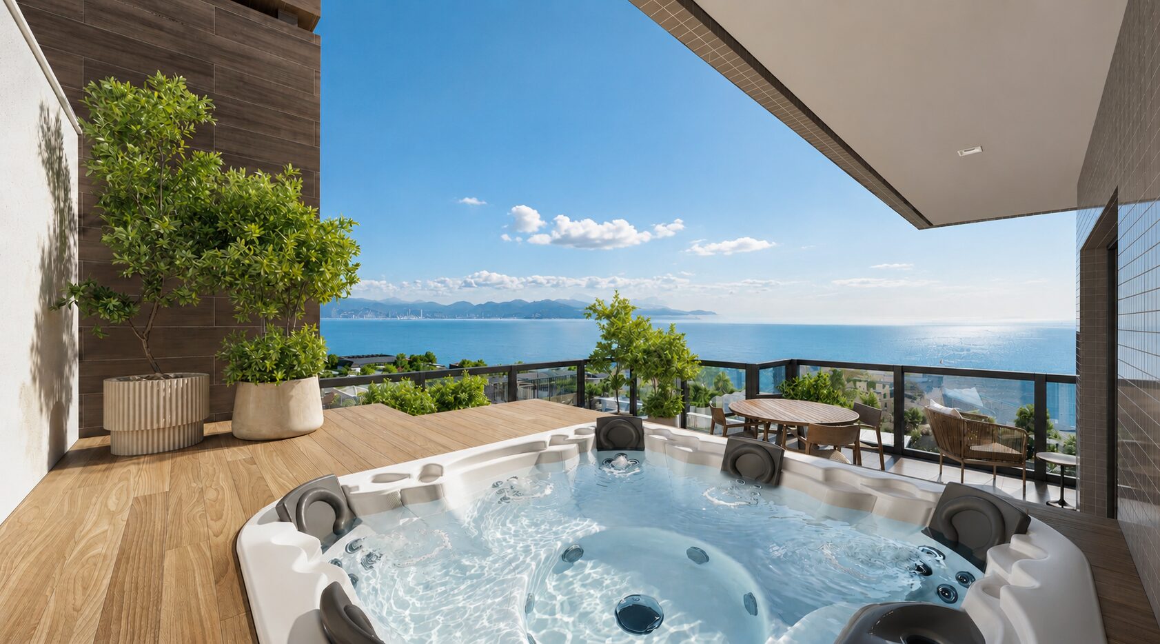 Cobertura com jacuzzi privativa e vista para o mar